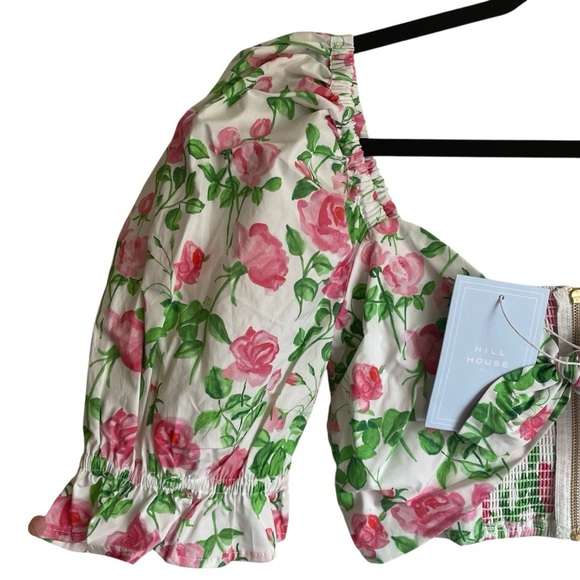 Hill House Isabella Pink Roses Floral Tie Front Puff Sleeve Crop Top NWT - Picture 5 of 12